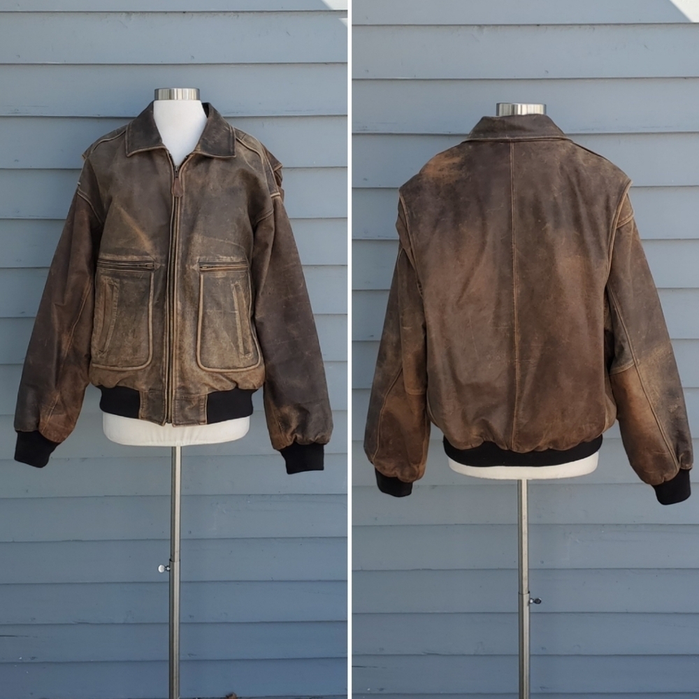 Vintage 90s y2k Brown Leather Distressed Punk Grunge Aviator Bomber Jacket